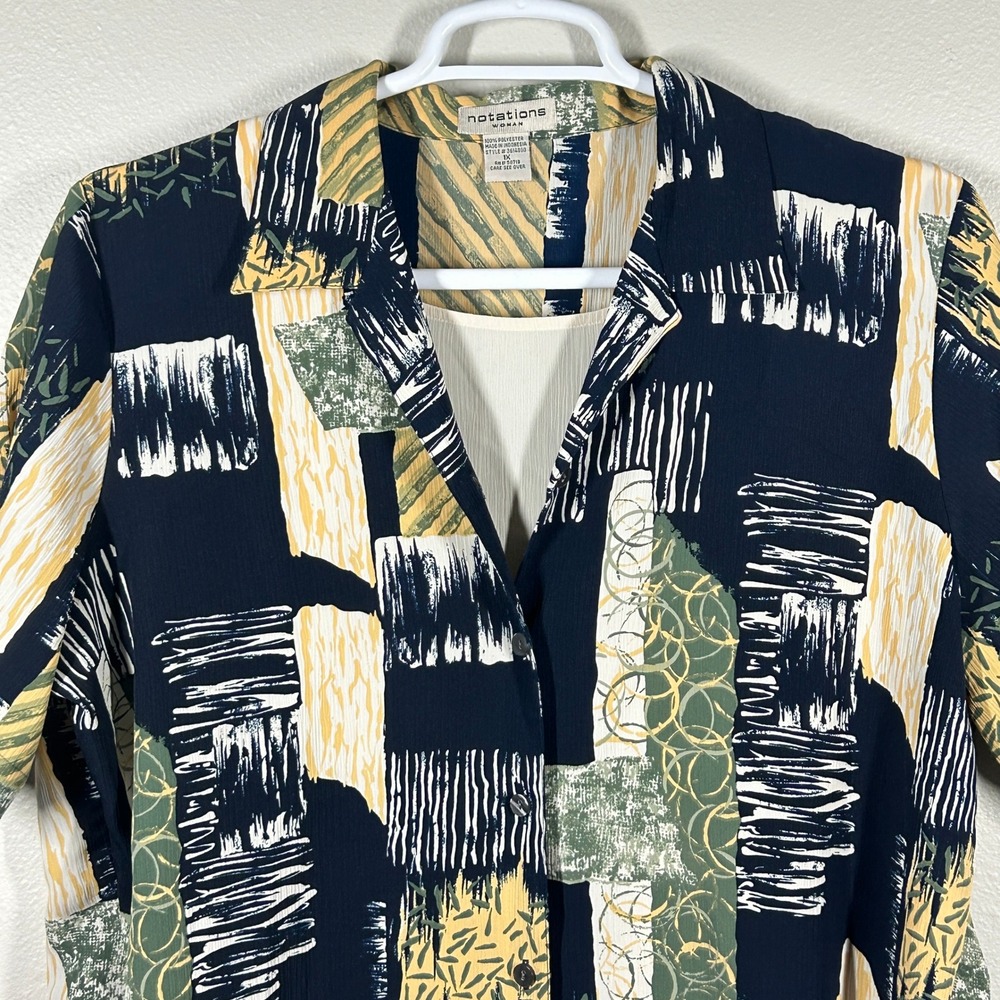 Notations Woman Abstract Geometric Print Button Front Blouse Navy Yellow 1X